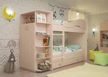 Детская 2-этажная кровать ТМК Мая на щитах со шкафом и ящиками, цвет Млечный дуб в Нальчике