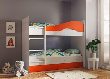 Кровать 2-ярусная Мая с 2 ящиками на щитах, корпус Млечный дуб, фасад Оранжевый в Нальчике
