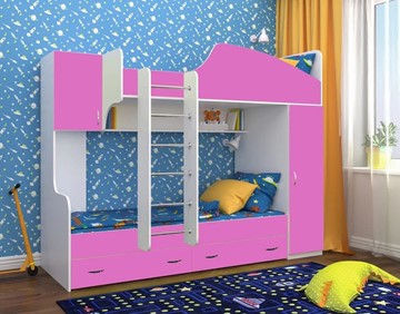 Детская кровать-шкаф Юниор-2, каркас Белое дерево, фасад Розовый в Нальчике