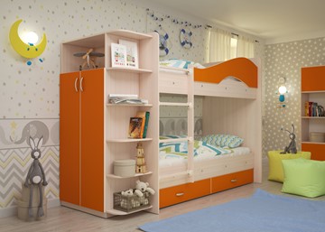Двухэтажная кровать Мая на щитах со шкафом и ящиками, корпус Млечный дуб, фасад Оранжевый в Нальчике