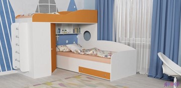 Кровать-чердак детская Кадет-2 с металлической лестницей, корпус Белое дерево, фасад Оранжевый в Нальчике