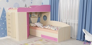 Детская кровать-чердак Кадет-2 с металлической лестницей, корпус Дуб, фасад Розовый в Нальчике