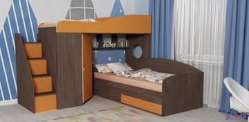 Детская кровать-шкаф Кадет-2 с универсальной лестницей, корпус Ясень анкор темный, фасад Оранжевый в Нальчике