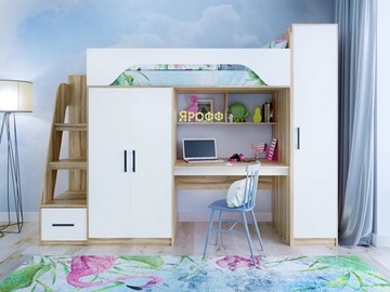 Детская кровать-чердак с шкафом Ярофф Тея, каркас Ясень, фасад Белый в Нальчике