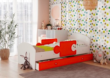 Детская кровать с бортиками и ящиком Мозайка, корпус Белый/фасад Оранжевый (ламели) в Нальчике