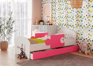 Кровать детская с ящиком и бортиками Мозайка, корпус Белый/фасад Розовый (ламели) в Нальчике