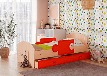 Детская кровать с ящиком и бортиками Мозайка, корпус Млечный дуб/фасад Оранжевый (ламели) в Нальчике