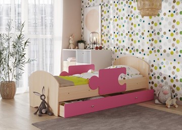 Детская кровать с ящиком и бортиками Мозайка, корпус Млечный дуб/фасад Розовый (щиты) в Нальчике