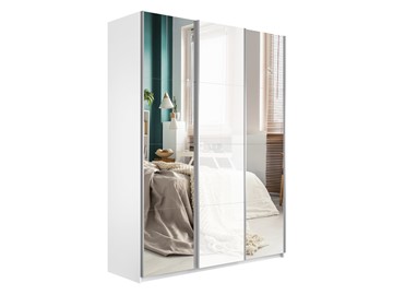Шкаф 3-дверный Широкий Прайм (2 Зеркала / Стекло белое) 2400x570x2300, Белый Снег в Нальчике