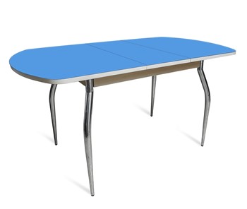 Обеденный раздвижной стол ПГ-07 СТ2, дуб молочный/синие стекло/35 хром гнутые металл в Нальчике