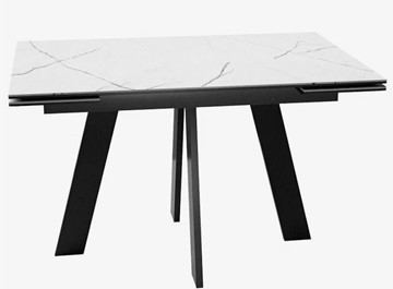 Стеклянный кухонный стол раздвижной DikLine SFM120 Стекло Белый мрамор САТИН/подстолье черное/опоры черные в Нальчике