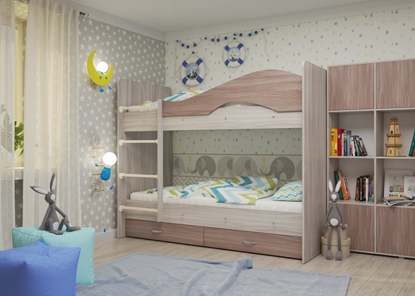 Детская 2-х ярусная кровать Мая с 2 ящиками на щитах, корпус Шимо светлый, фасад Шимо темный в Нальчике - изображение