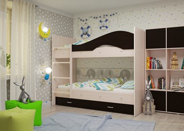 Детская  двухъярусная кровать Мая с 2 ящиками на щитах, корпус Млечный дуб, фасад Венге в Нальчике - предосмотр 1