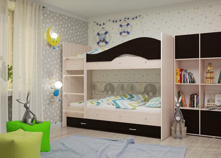 Детская  двухъярусная кровать Мая с 2 ящиками на щитах, корпус Млечный дуб, фасад Венге в Нальчике - изображение 1