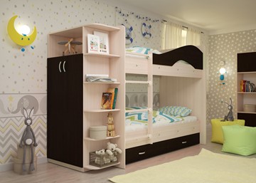 Детская  двухъярусная кровать Мая с 2 ящиками на щитах, корпус Млечный дуб, фасад Венге в Нальчике - предосмотр 2