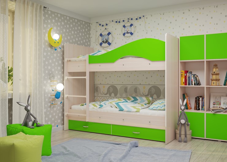 Двухэтажная детская кровать Мая на щитах, корпус Млечный дуб, фасад Салатовый в Нальчике - изображение 2