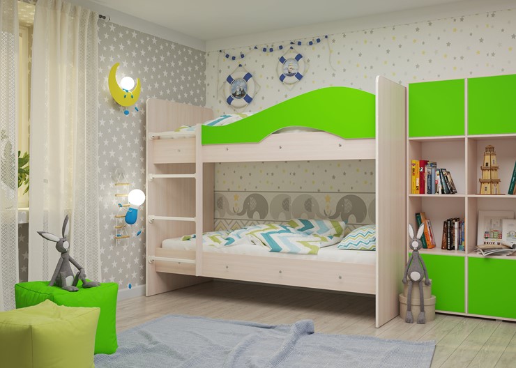 Двухэтажная детская кровать Мая на щитах, корпус Млечный дуб, фасад Салатовый в Нальчике - изображение 1