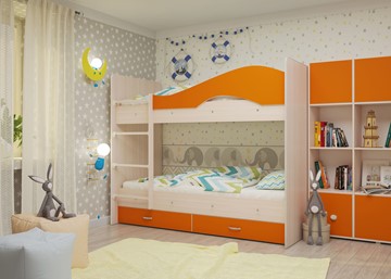 Кровать 2-ярусная Мая с 2 ящиками на щитах, корпус Млечный дуб, фасад Оранжевый в Нальчике - предосмотр 3