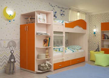 Кровать 2-ярусная Мая с 2 ящиками на щитах, корпус Млечный дуб, фасад Оранжевый в Нальчике - предосмотр 1