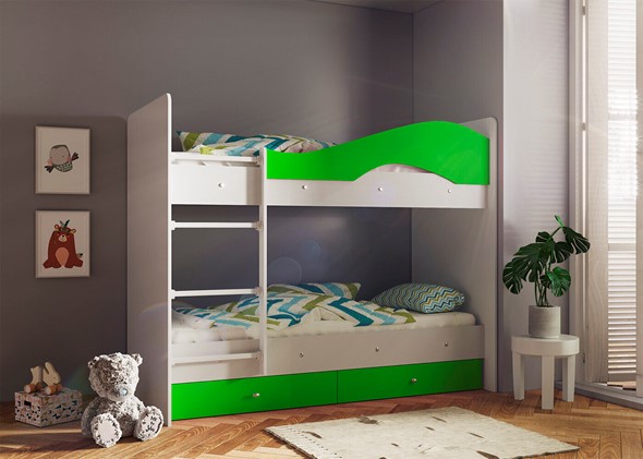 Детская 2-этажная кровать Мая с 2 ящиками на щитах, корпус Млечный дуб, фасад Салатовый в Нальчике - изображение