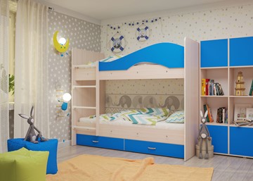 Двухэтажная детская кровать Мая с 2 ящиками на щитах, корпус Млечный дуб, фасад Синий в Нальчике - предосмотр 3