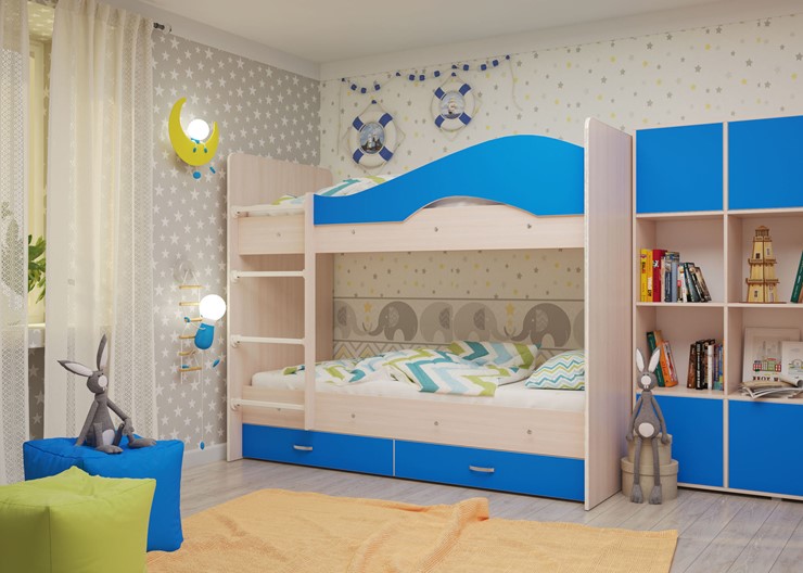 Двухэтажная детская кровать Мая с 2 ящиками на щитах, корпус Млечный дуб, фасад Синий в Нальчике - изображение 3