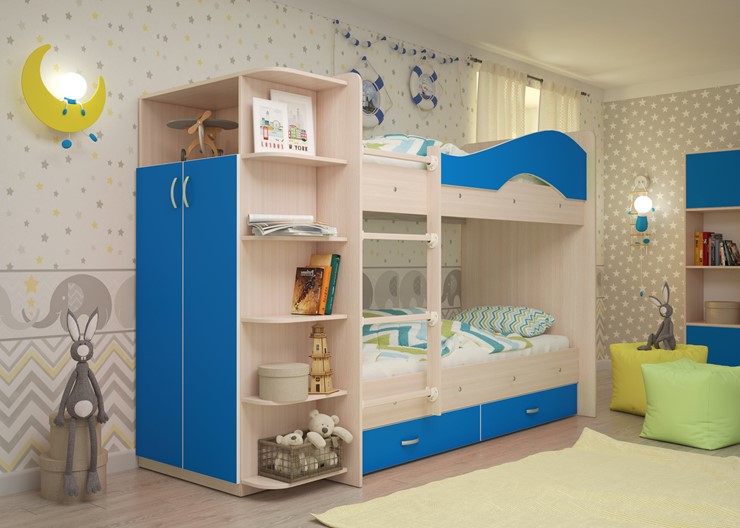 Двухэтажная детская кровать Мая с 2 ящиками на щитах, корпус Млечный дуб, фасад Синий в Нальчике - изображение 1