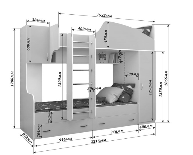 Двухэтажная кровать Юниор-2, каркас Белое дерево, фасад Лайм в Нальчике - изображение 1
