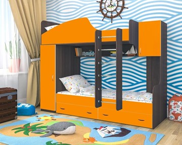 Детская кровать-шкаф Юниор-2, каркас Ясень анкор темный, фасад Оранжевый в Нальчике