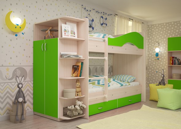 Детская 2-ярусная кровать Мая на щитах со шкафом и ящиками, корпус Млечный дуб, фасад Салатовый в Нальчике - изображение