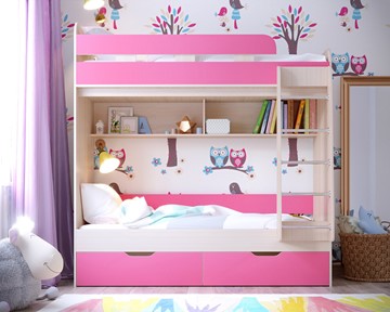 Детская 2-ярусная кровать Ярофф Юниор-5, каркас Дуб, фасад Розовый в Нальчике