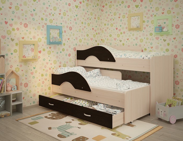 Двухэтажная детская кровать Радуга 1.6 с ящиком, корпус Млечный дуб, фасад Венге в Нальчике - изображение 1