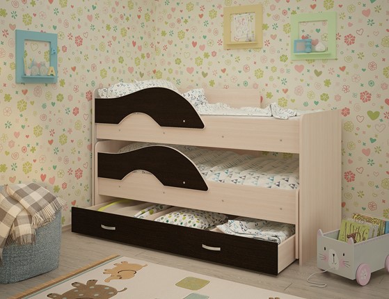 Двухэтажная детская кровать Радуга 1.6 с ящиком, корпус Млечный дуб, фасад Венге в Нальчике - изображение