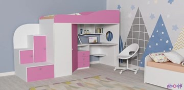 Детская кровать-чердак Кадет-1, корпус Белое дерево, фасад Розовый в Нальчике - предосмотр