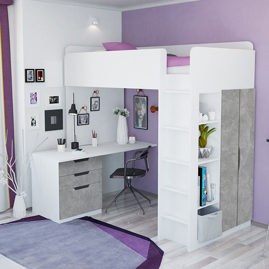 Кровать 2-х ярусная с письменным столом и шкафом POLINI Kids Simple Белый / Бетон в Нальчике - изображение 1