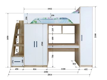 Кровать-чердак с шкафом Тея, каркас Винтерберг, фасад Олива в Нальчике - предосмотр 1