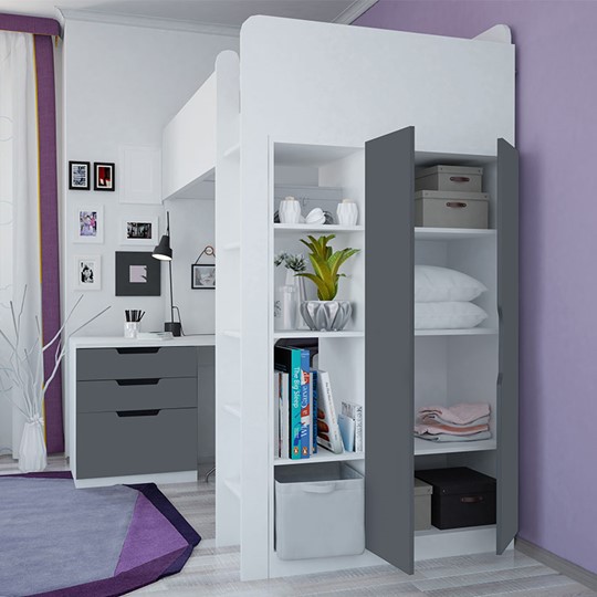 Кровать-чердак с письменным столом и шкафом POLINI Kids Simple Белый / Серый в Нальчике - изображение 1