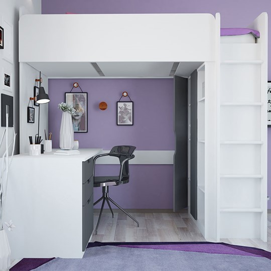 Кровать-чердак с письменным столом и шкафом POLINI Kids Simple Белый / Серый в Нальчике - изображение 2