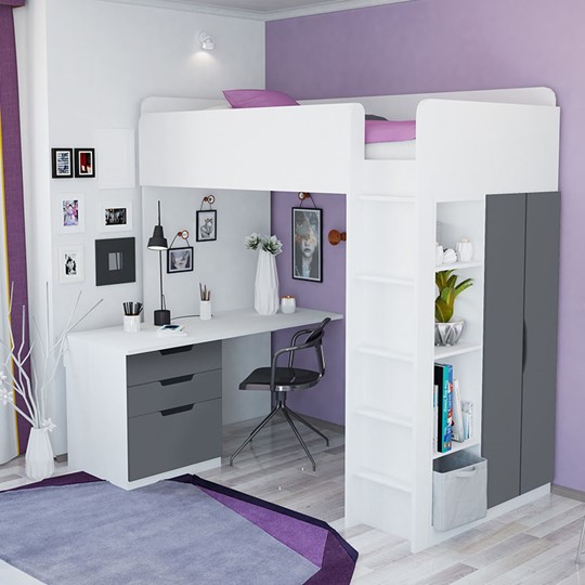 Кровать-чердак с письменным столом и шкафом POLINI Kids Simple Белый / Серый в Нальчике - изображение 3