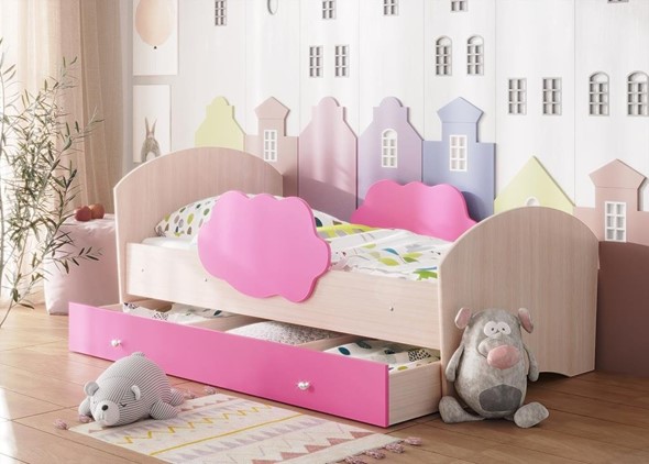 Детская кровать Тучка с ящиком, корпус Дуб млечный, фасад Розовый в Нальчике - изображение
