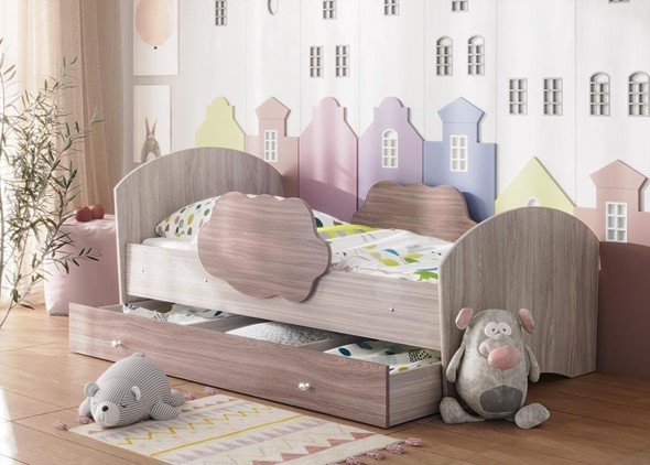 Детская кровать Тучка с ящиком, корпус Ясень Шимо светлый, фасад Ясень Шимо темный в Нальчике - изображение