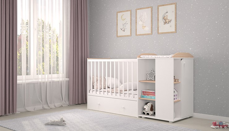 Детская кровать с комодом POLINI Kids Ameli 800 Белый / Дуб пастельный, серия AMELI в Нальчике - изображение 2