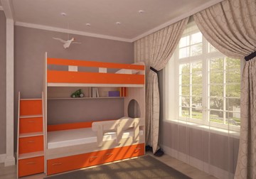 Кровать 2-ярусная Юниор-1 с бортом, каркас Дуб, фасад Оранжевый в Нальчике - предосмотр