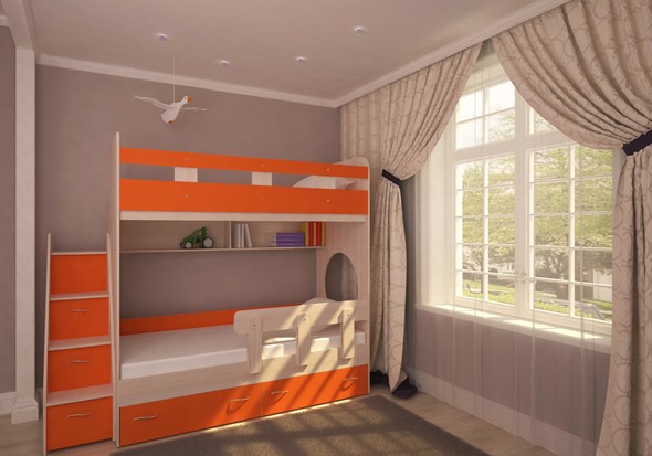 Кровать 2-ярусная Юниор-1 с бортом, каркас Дуб, фасад Оранжевый в Нальчике - изображение