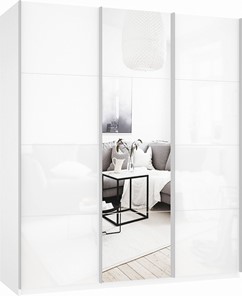 Шкаф 3-х створчатый Прайм (Белое стекло/Зеркало/Белое стекло) 1800x570x2300, белый снег в Нальчике