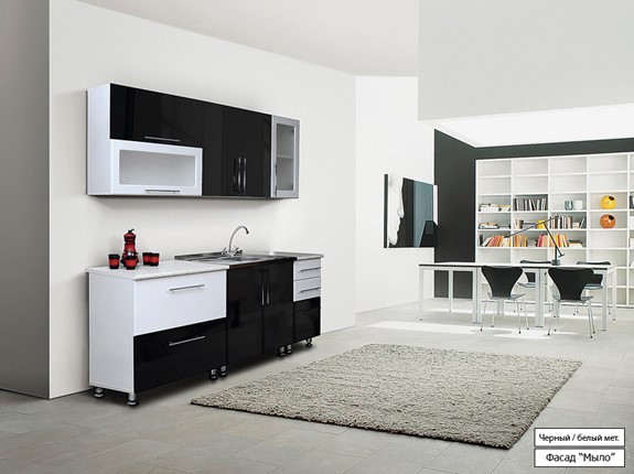 Кухня Мыло 224 2000х718, цвет Черный/Белый металлик в Нальчике - изображение