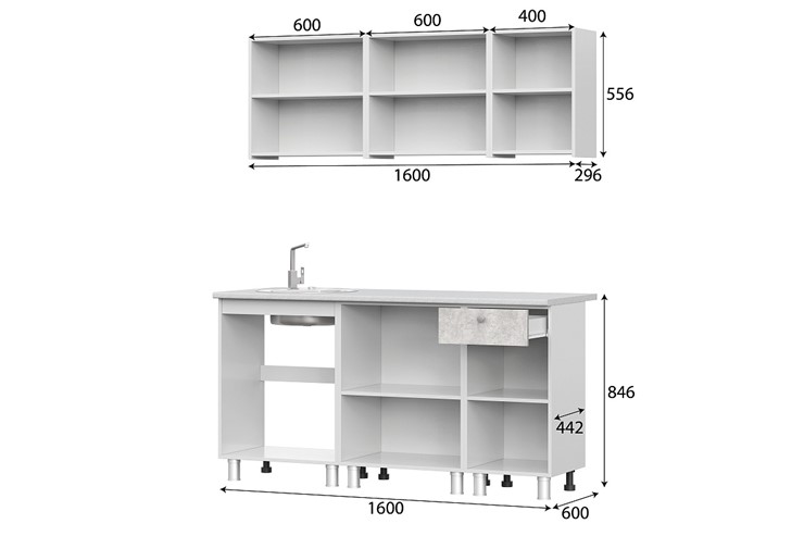 Готовая кухня КГ-1 1600, белый/белый/цемент светлый/антарес в Нальчике - изображение 2