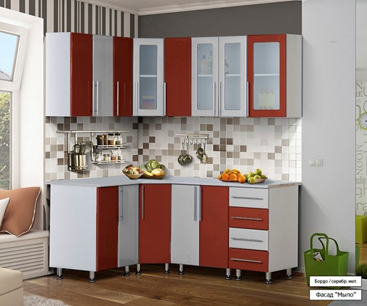 Угловая кухня Мыло 224 1800х1400, цвет Бордо/Серебристый металлик в Нальчике - изображение