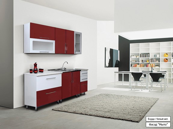 Кухонный гарнитур Мыло 224 2000х718, цвет Бордо/Белый металлик в Нальчике - изображение