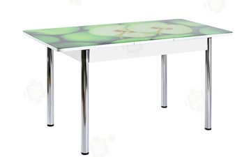 Кухонный раздвижной стол Айсберг-01 СТФ, белый/фотопечать зеленые яблоки/ноги хром круглые в Нальчике